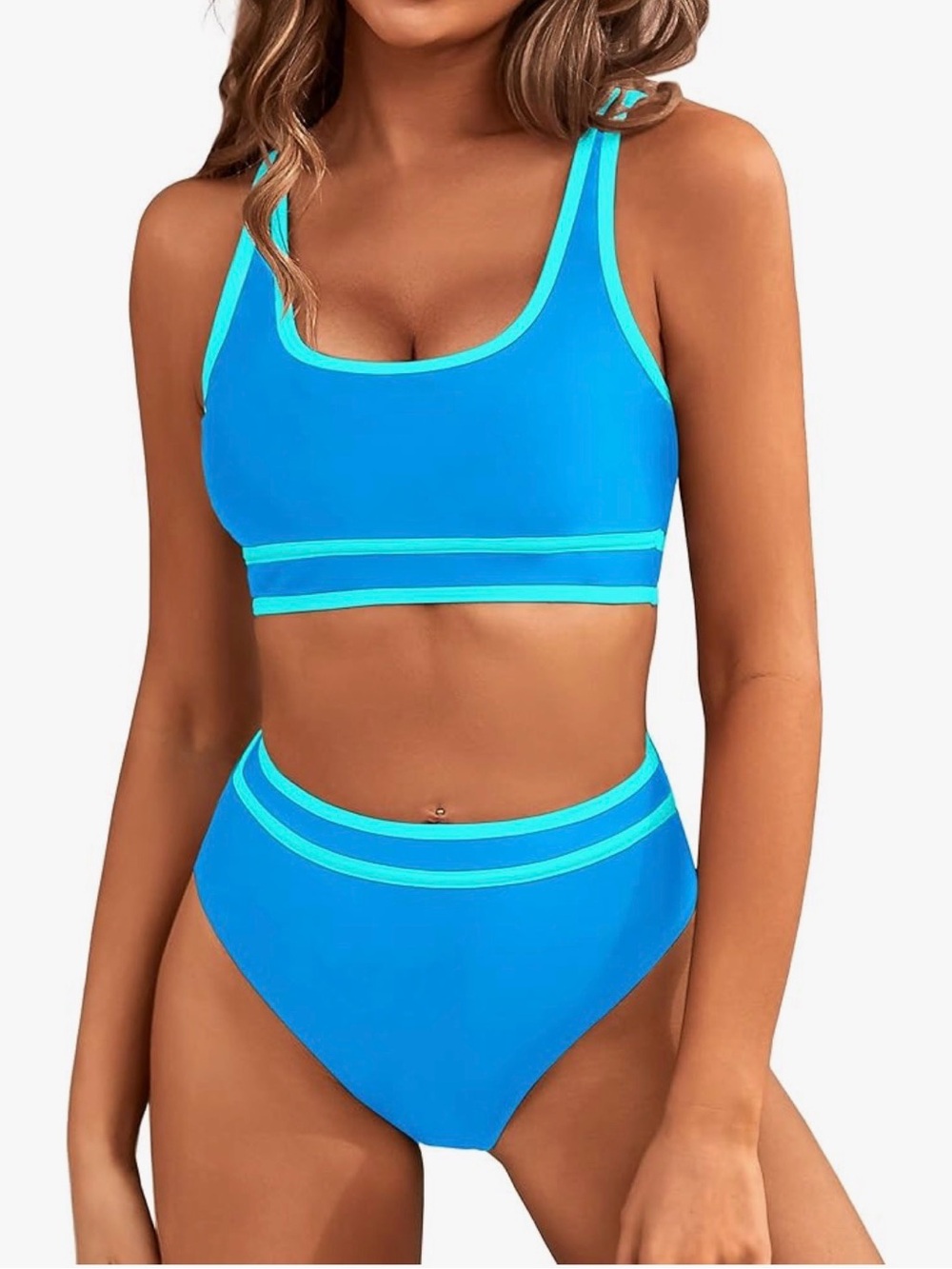 BMJL Women’s high wasted sporty set two piece, color block tummy control bathing
